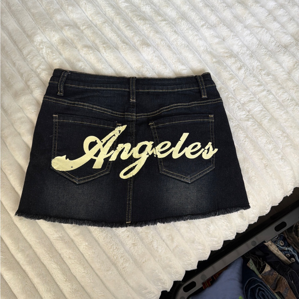 Black Denim Skirt with White 'Angeles' Print